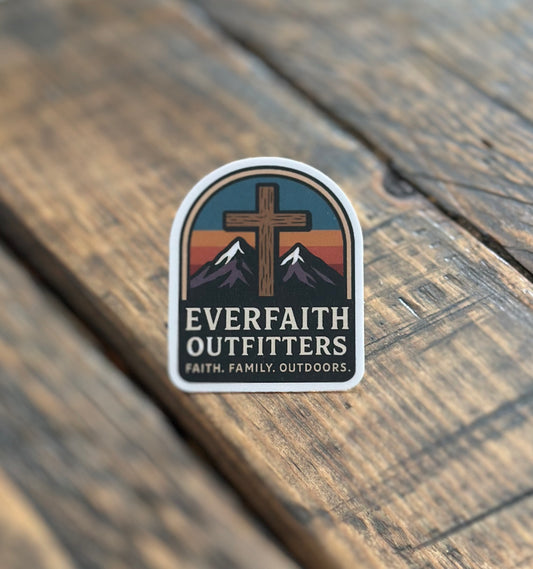 EverFaith Outfitters Cross and Sunset Mountains Faith Sticker with "Faith. Family. Outdoors."